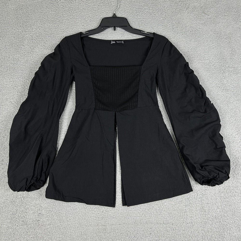 Zara Top Womens Medium Split Front Peplum Balloon Blouse Ruched Witchy Gothic - Picture 1 of 12